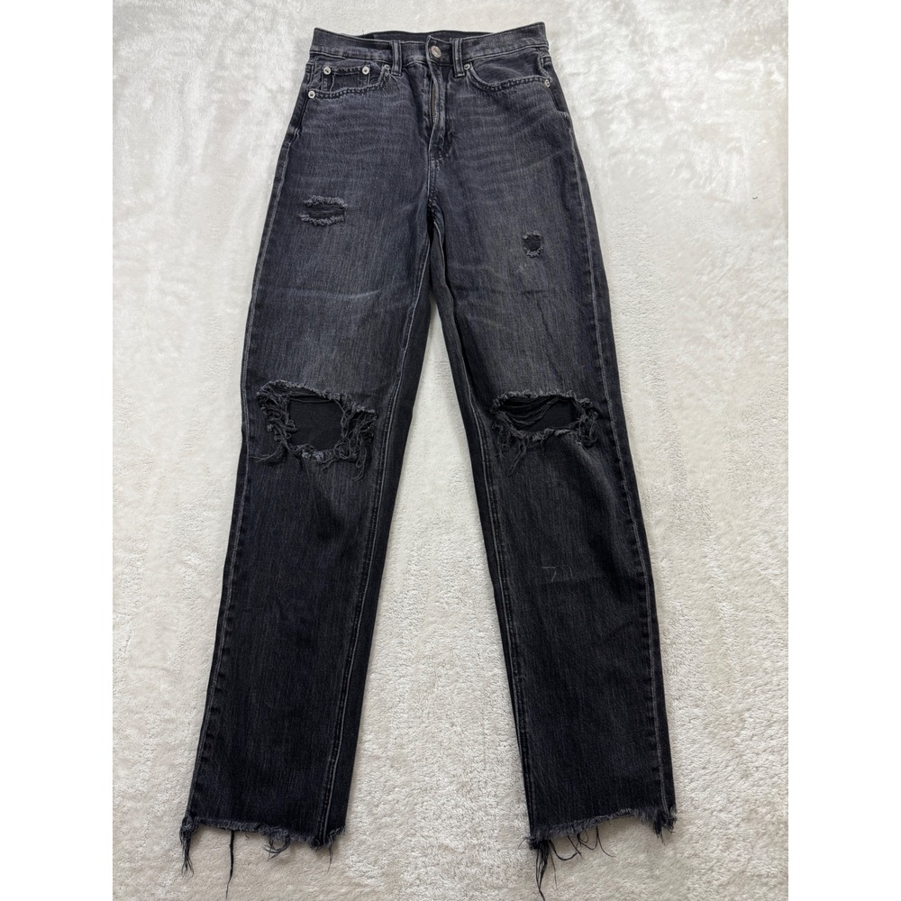 American Eagle Womens Super High Rise Baggy Straight Black Jeans 00 Meas 25x29.5